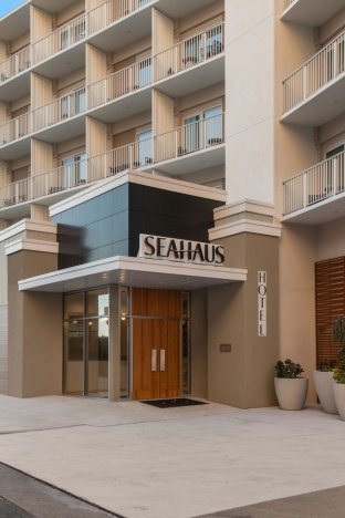 The entrance of The Seahaus Hotel in Atlantic City, NJ
